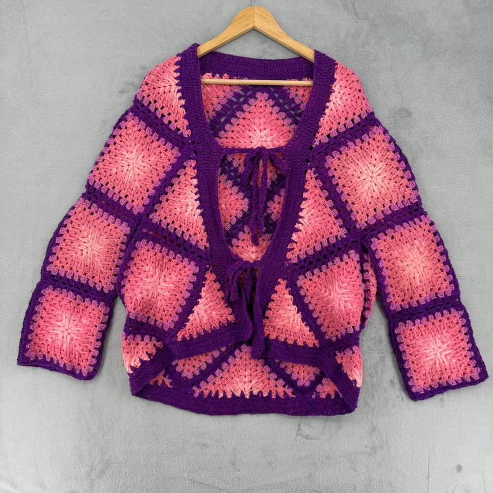 Handmade Crochet Granny Square Cardigan Purple Pink Tie Front Boho Sweater